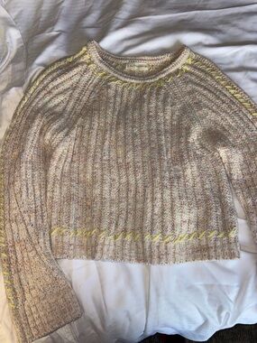 By Together Anthropology Multicolor Neutral Knit Sweater with Yellow Stitching